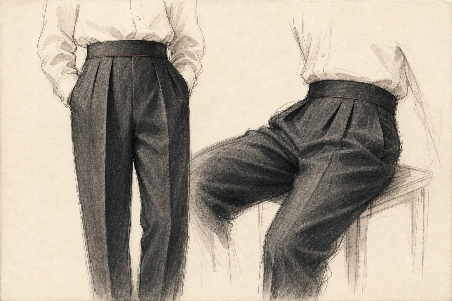 Hand-drawn study of a trouser waistband and pleat in standing and seated positions