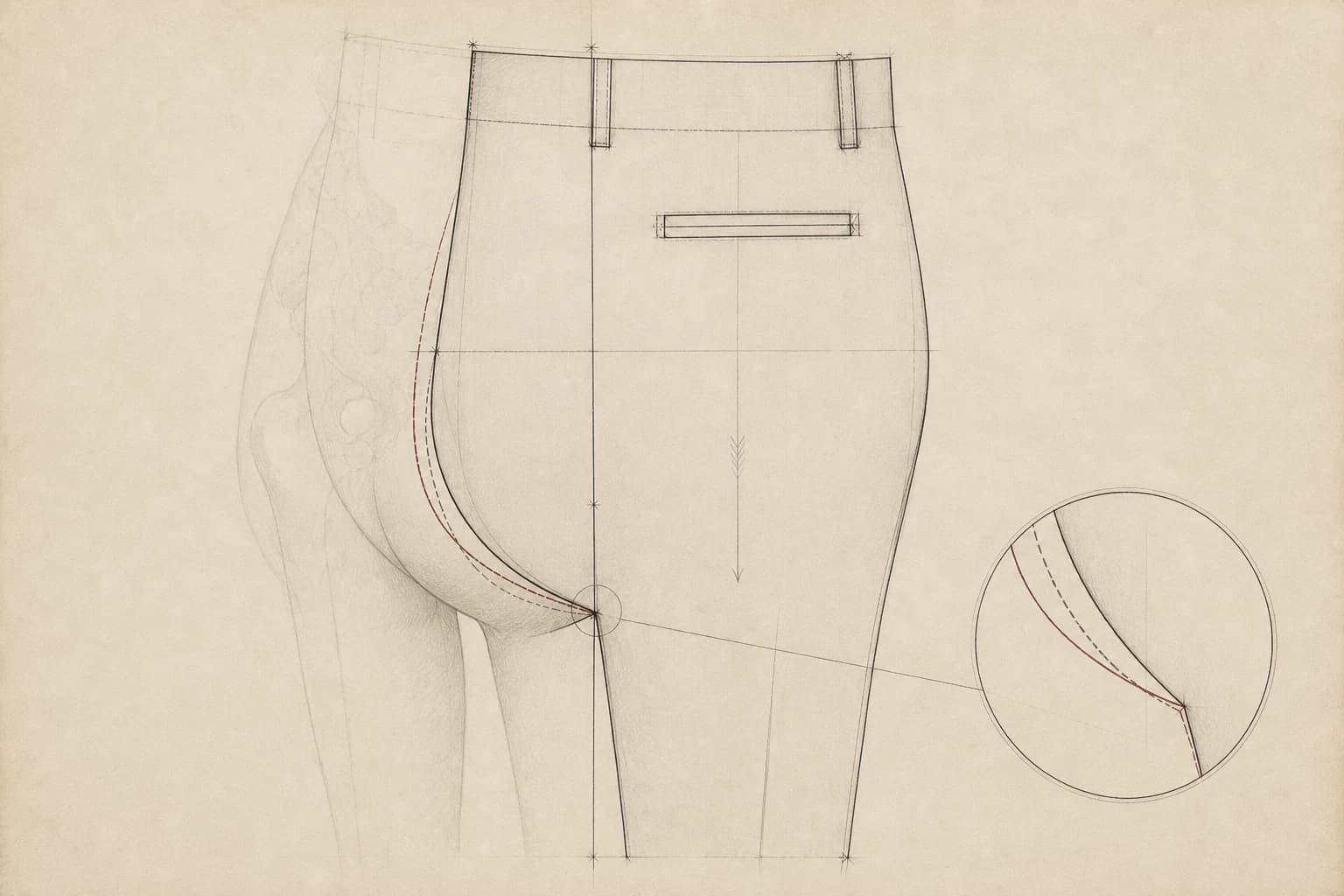 Technical tailoring diagram of the rear crotch curve and fork extension