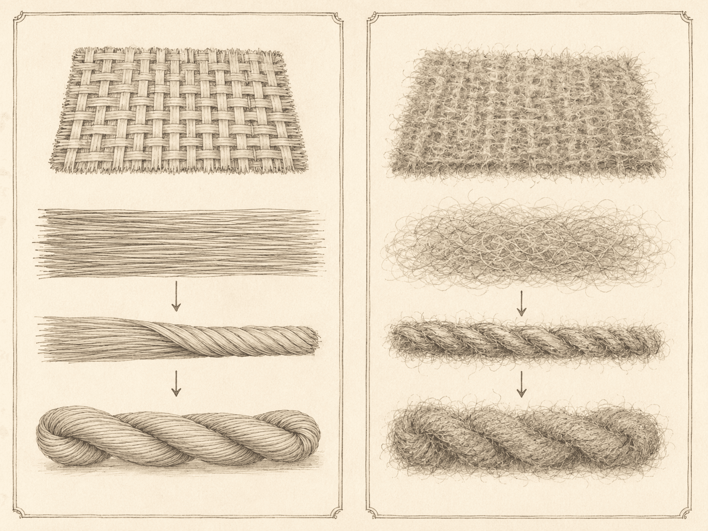 Illustrated comparison of worsted and woollen yarn structure