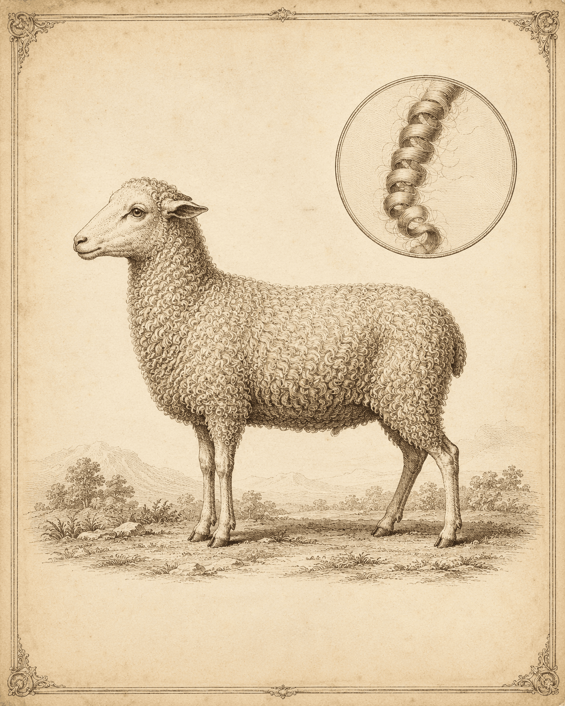 Archival illustration of an Escorial-type sheep and fibre crimp