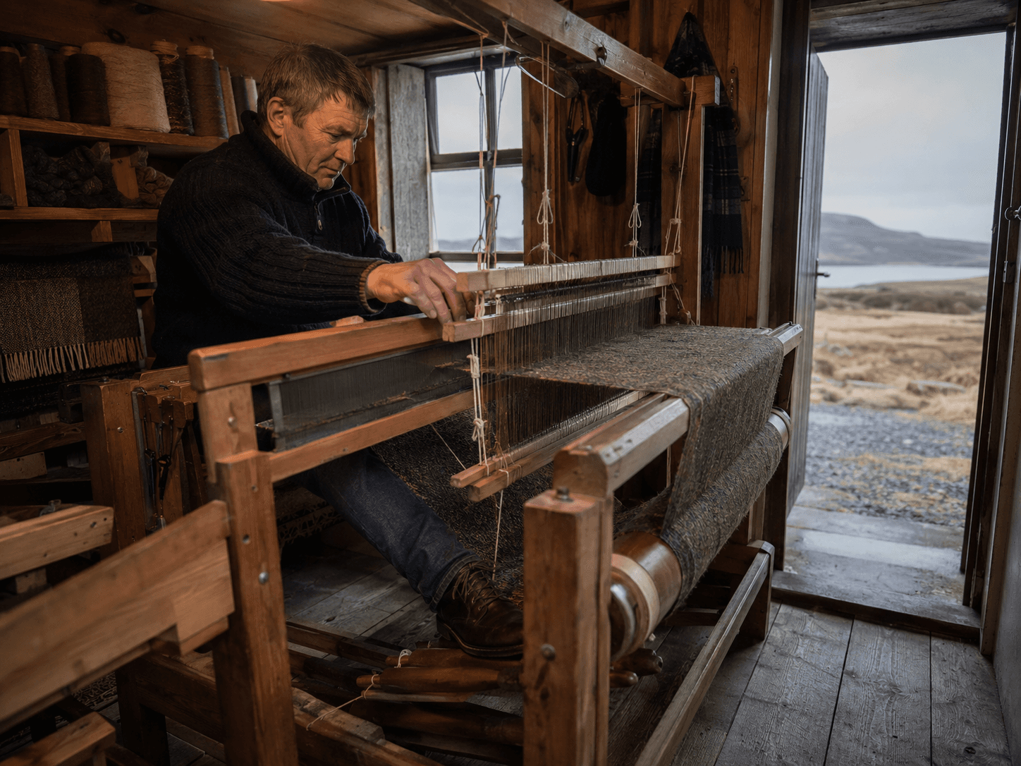A weaver working at a foot loom in a small workshop