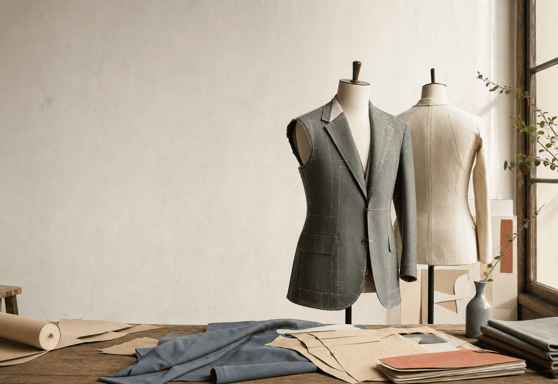 Half-made jacket forms showing soft tailoring architecture